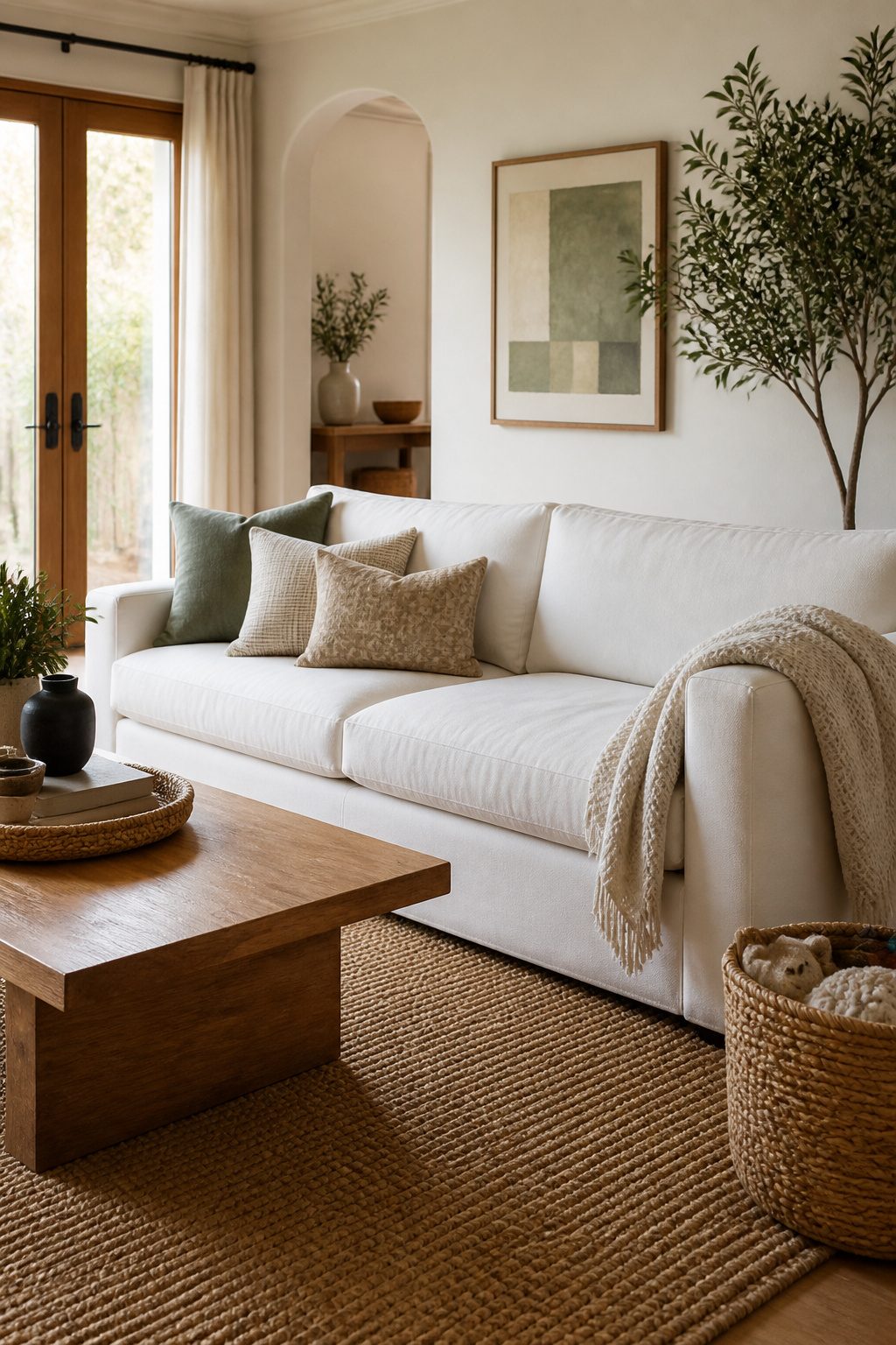 A white sofa with tightly woven upholstery in a warm living room.