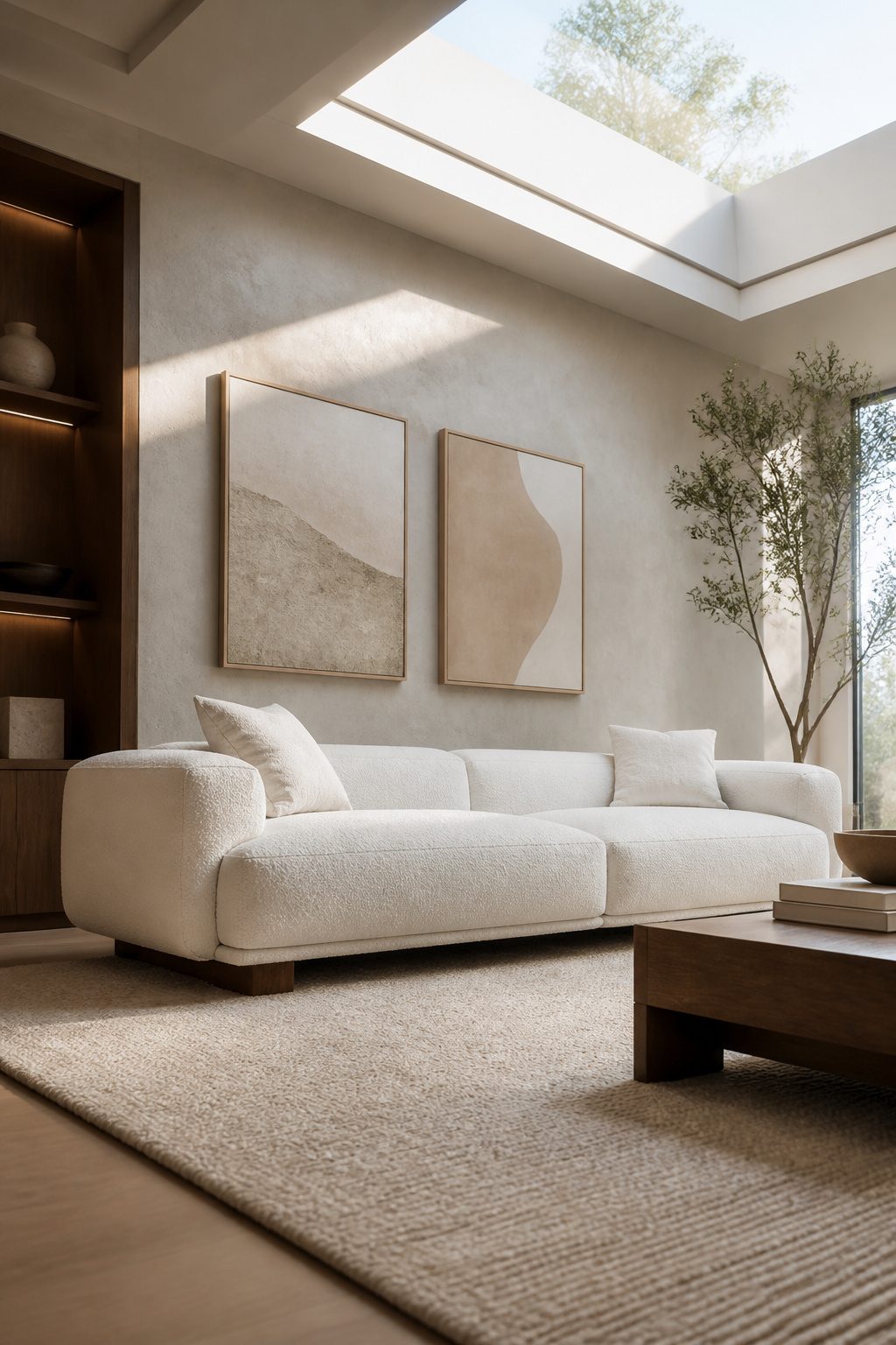 A large white sofa with soft fabric in a spacious living area.