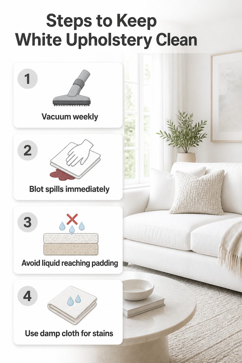 Instructions for maintaining white upholstery in a living room.