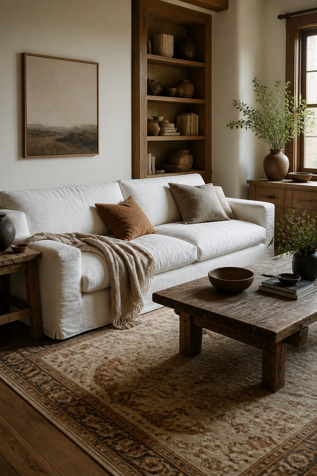 A comfortable white sofa in a cozy, inviting living room.