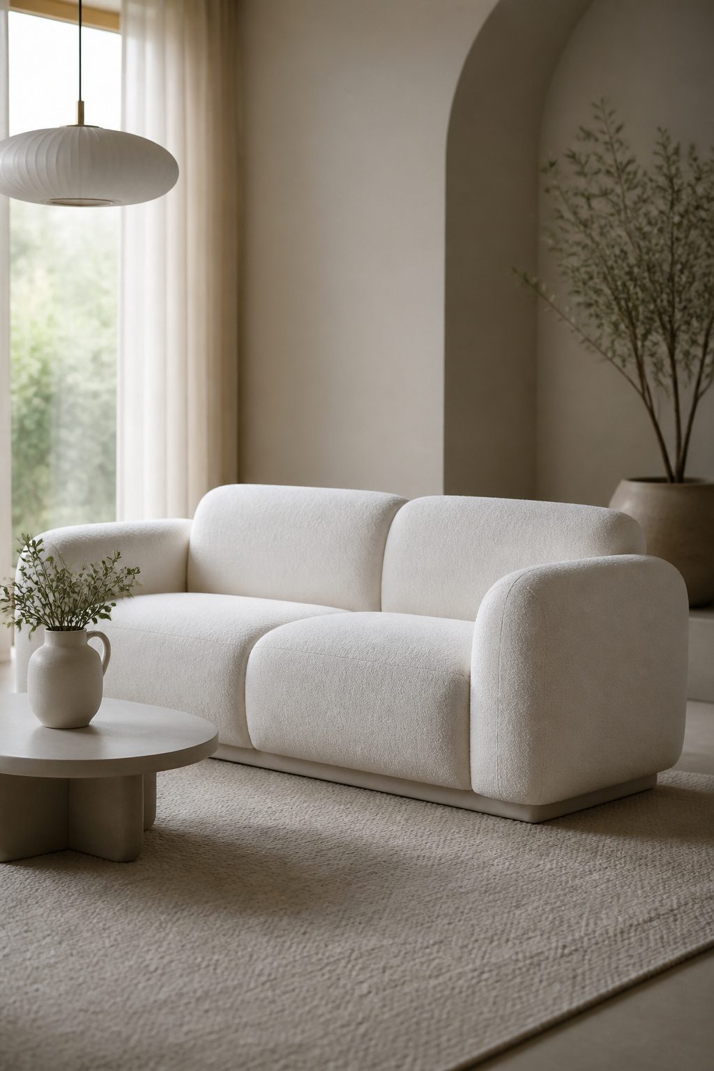 A white sofa with a sculptural design in a stylish setting.