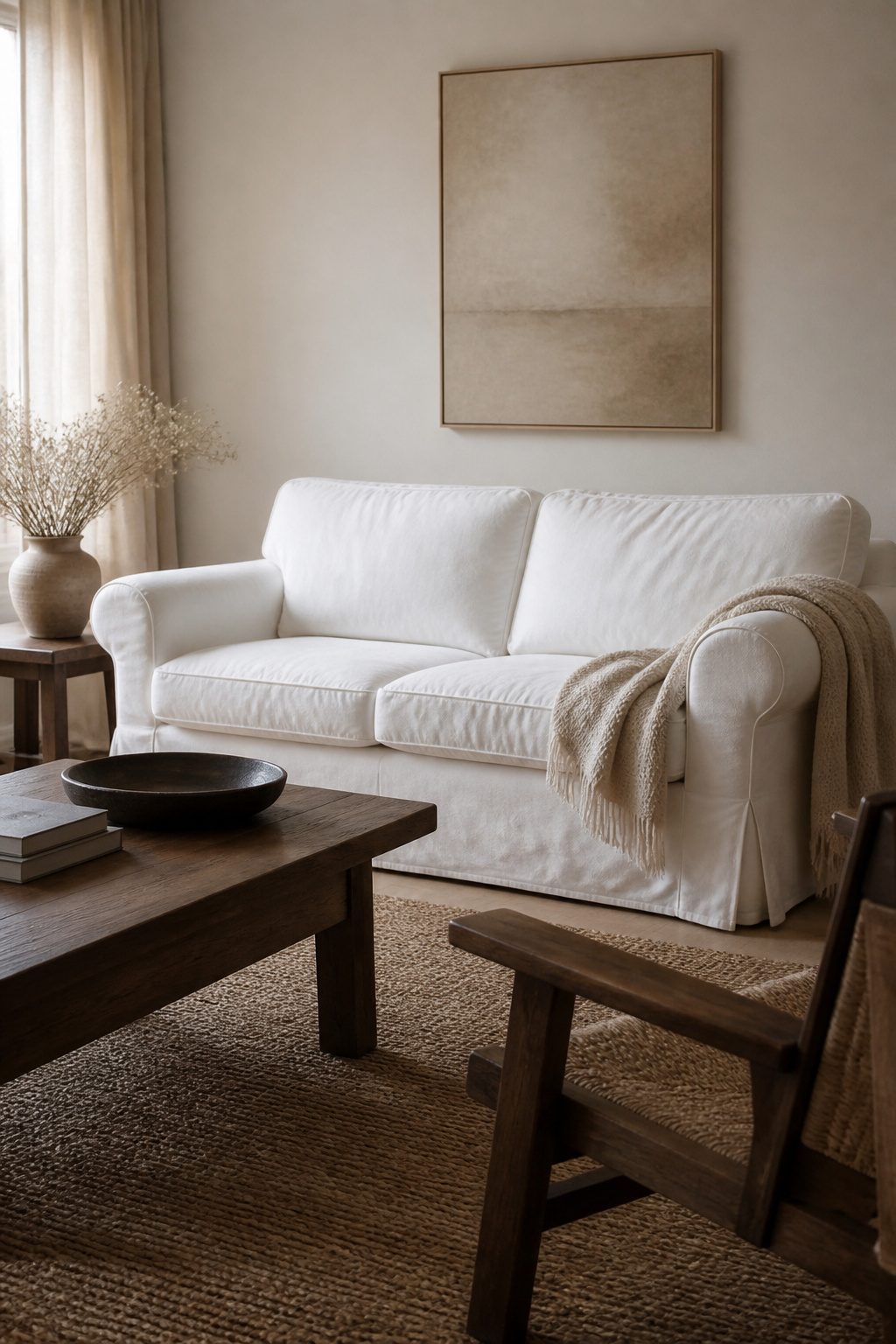 A soft white sofa with gentle curves in a calm room.