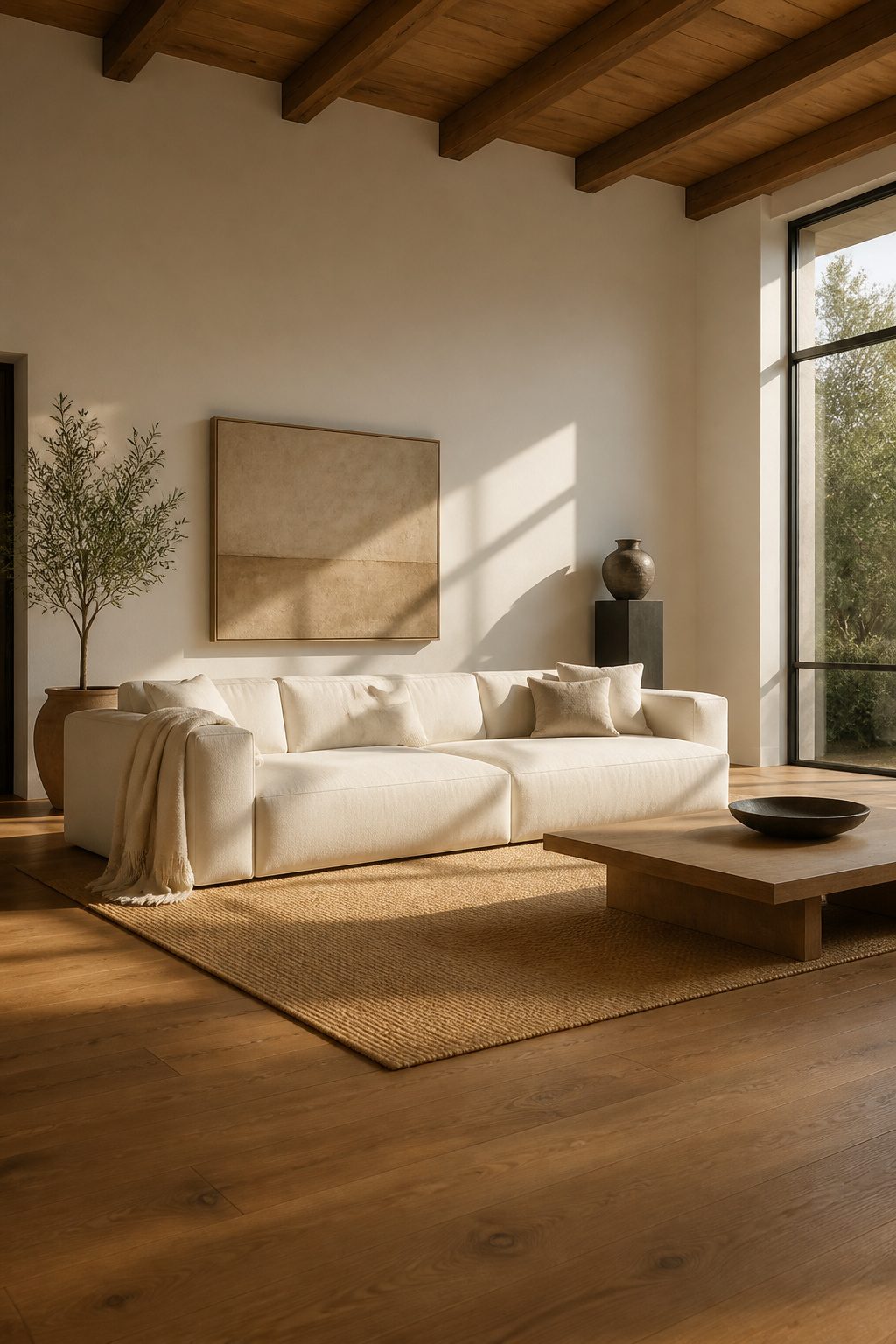 A large white sofa with oversized cushions in a minimal room.