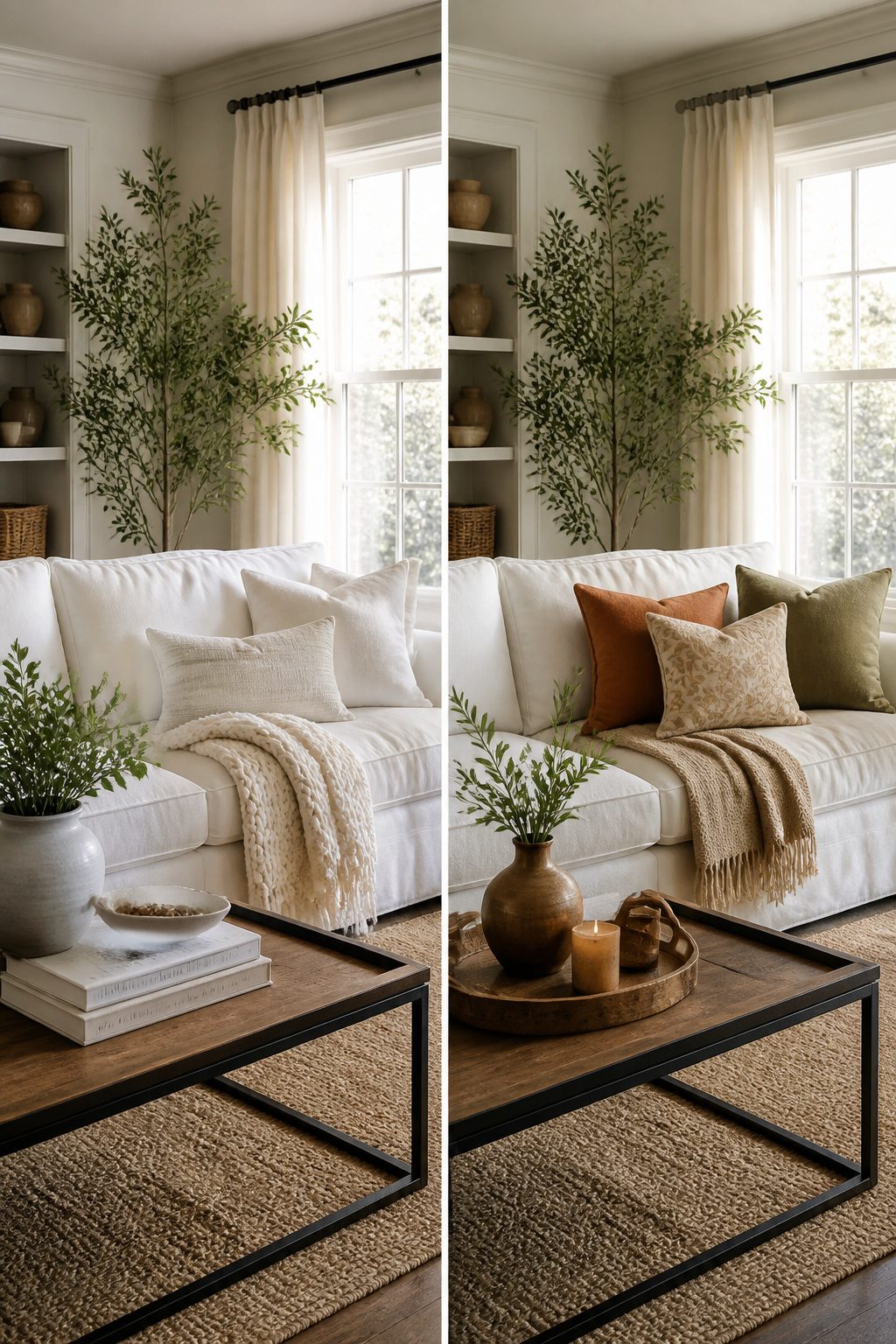 A white sofa decorated with seasonal pillows and throws.