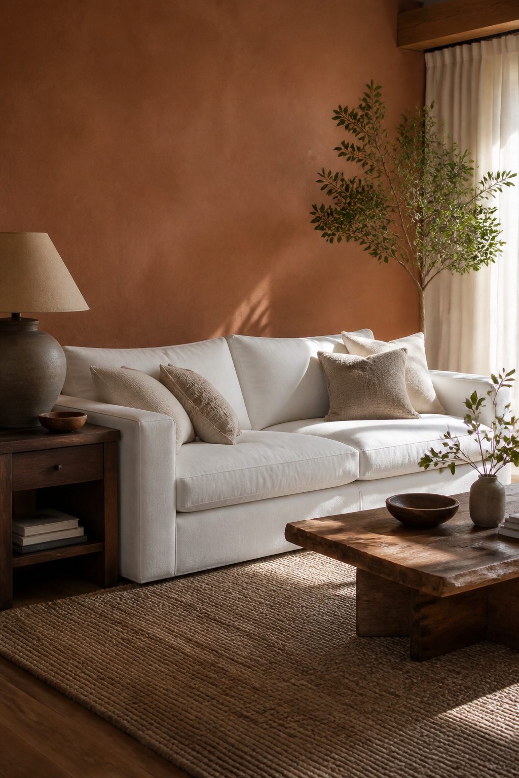 A white sofa surrounded by wooden furniture and earthy accents.
