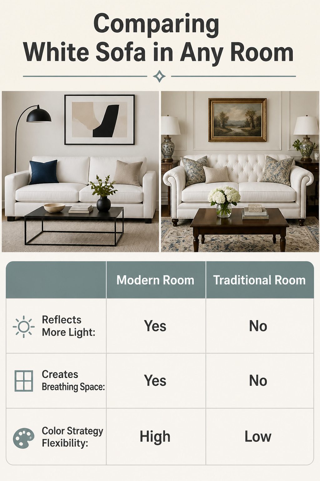 A white sofa adaptable to various interior designs and colors.
