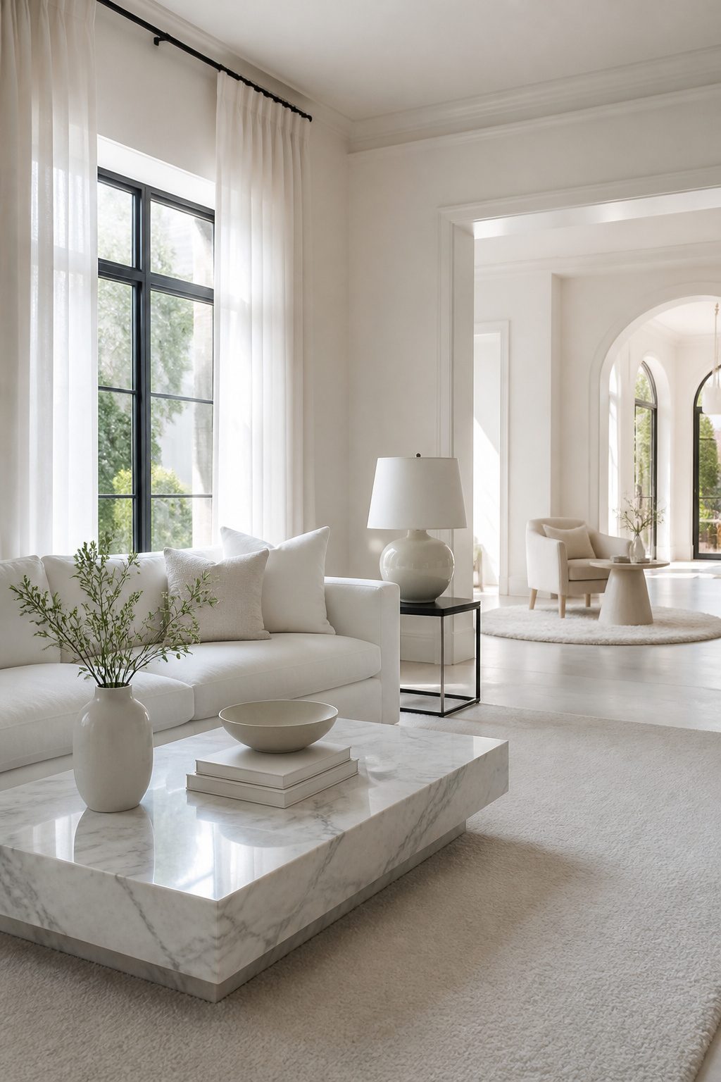 An all-white living room with a marble coffee table and white linen sofa.