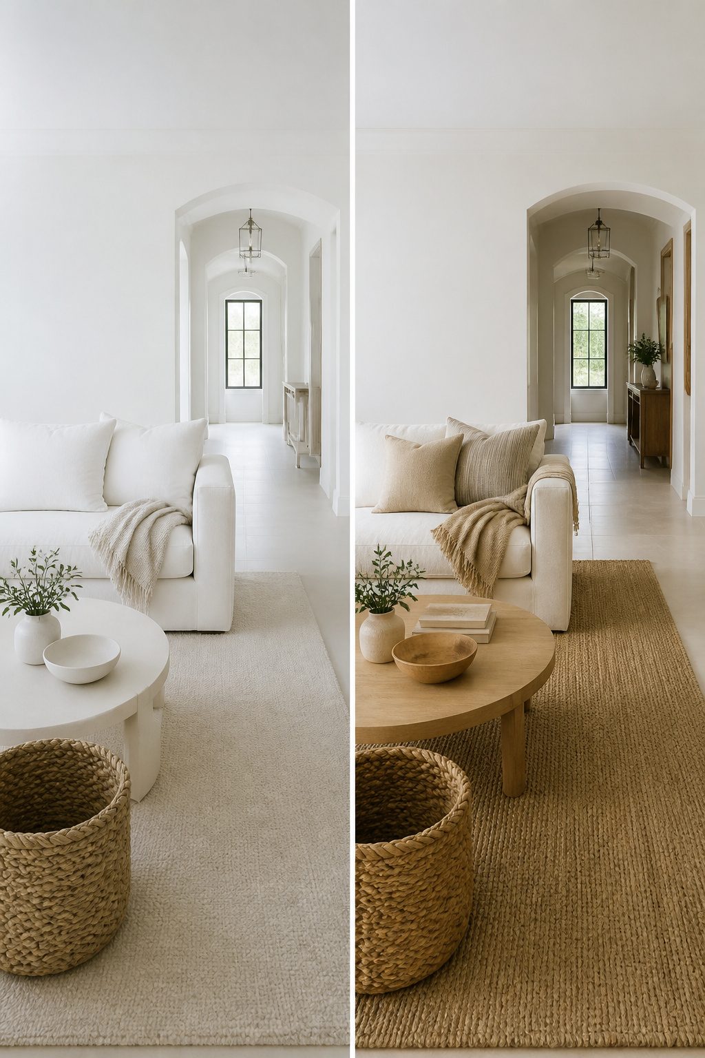 A living room with soft white walls and warm undertones.