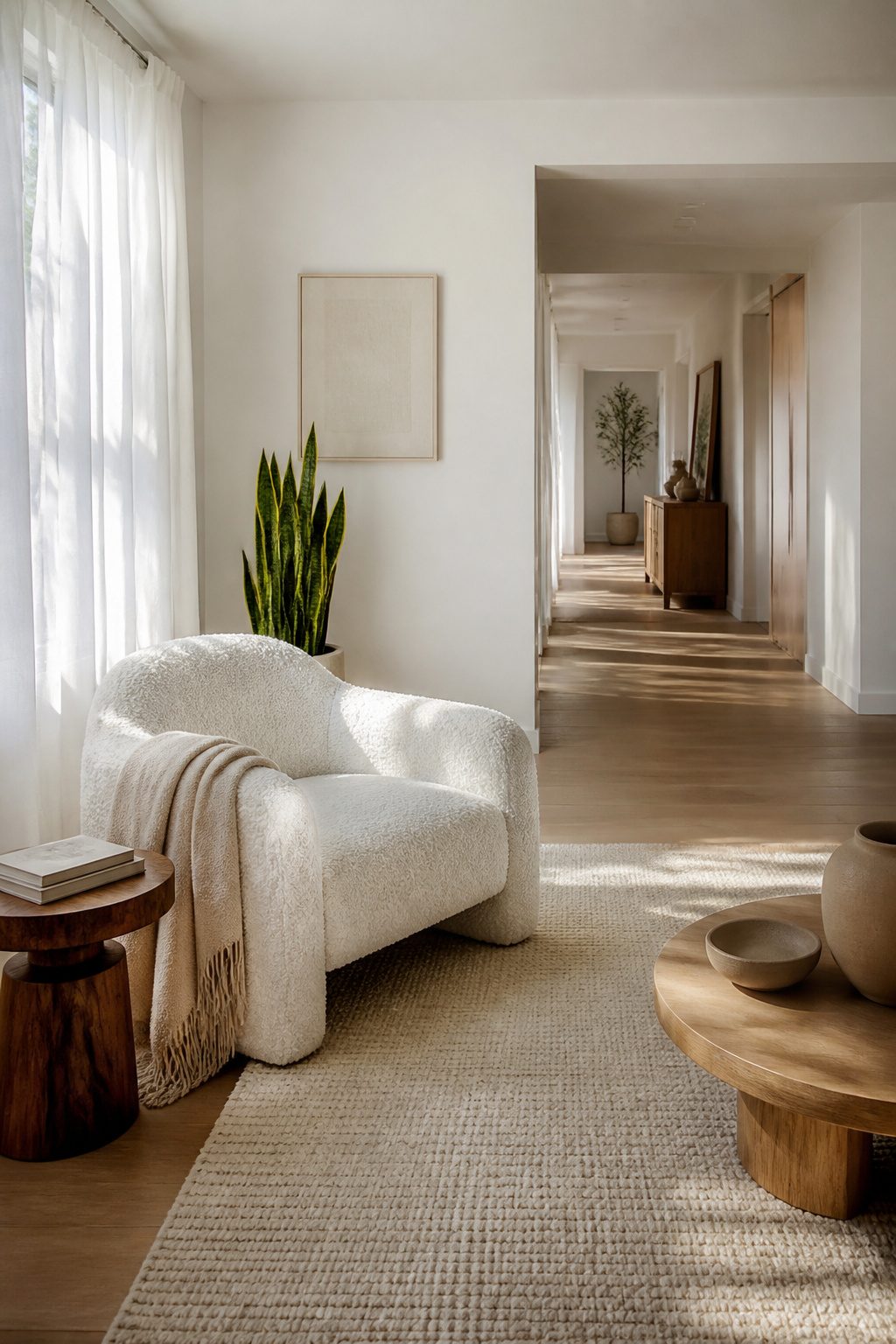A cozy white living room featuring a boucle chair and soft woolen throw.