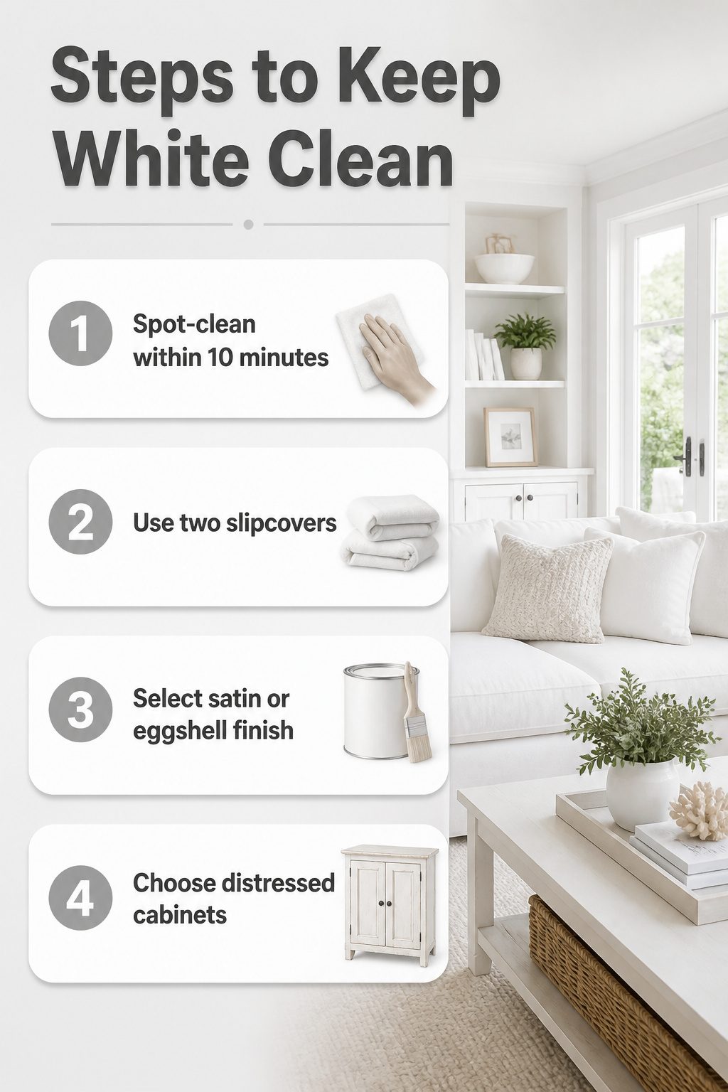 A guide to keeping white living room fabrics and walls clean.