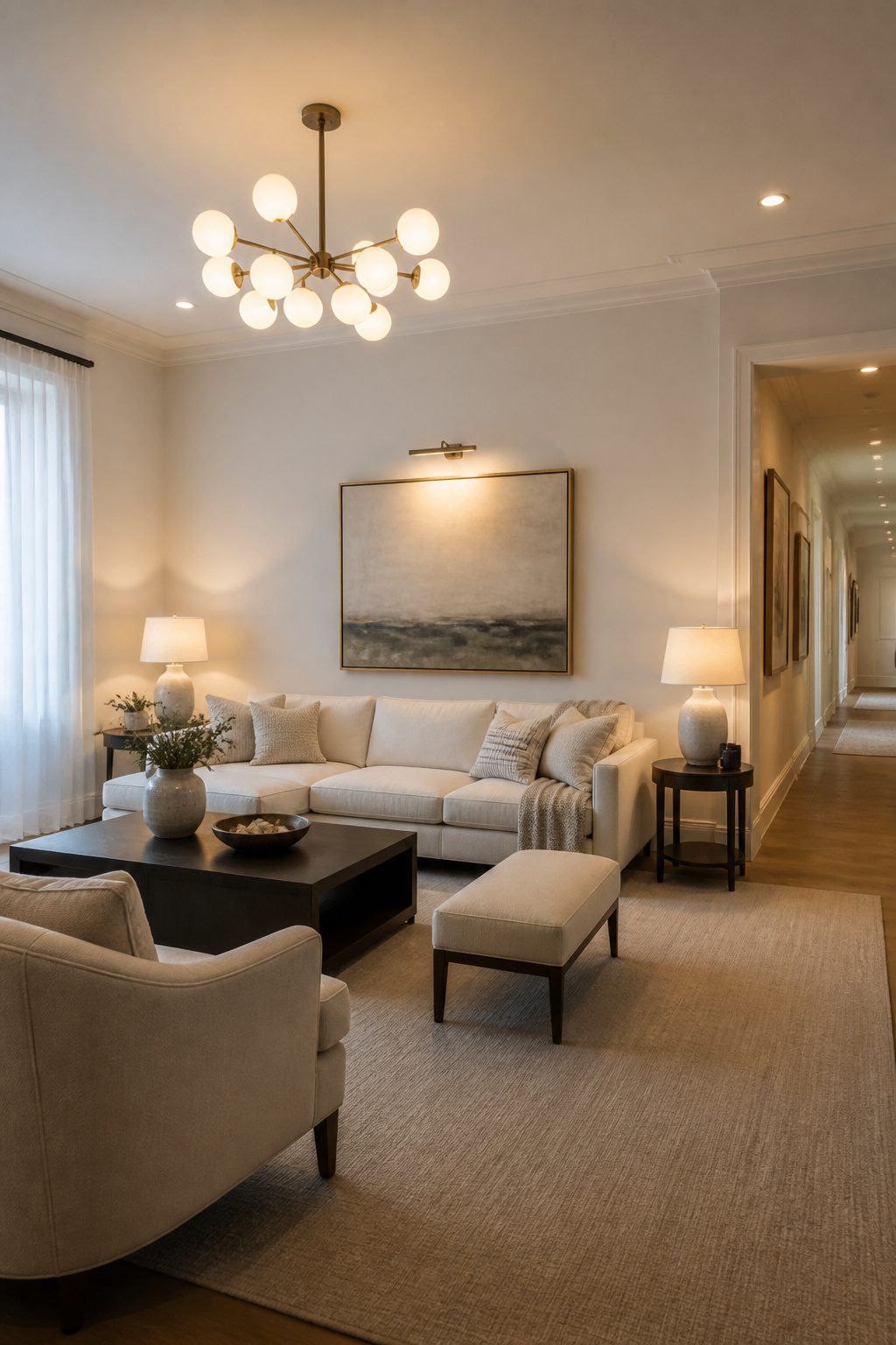 A white living room with layered lighting and a sculptural chandelier.