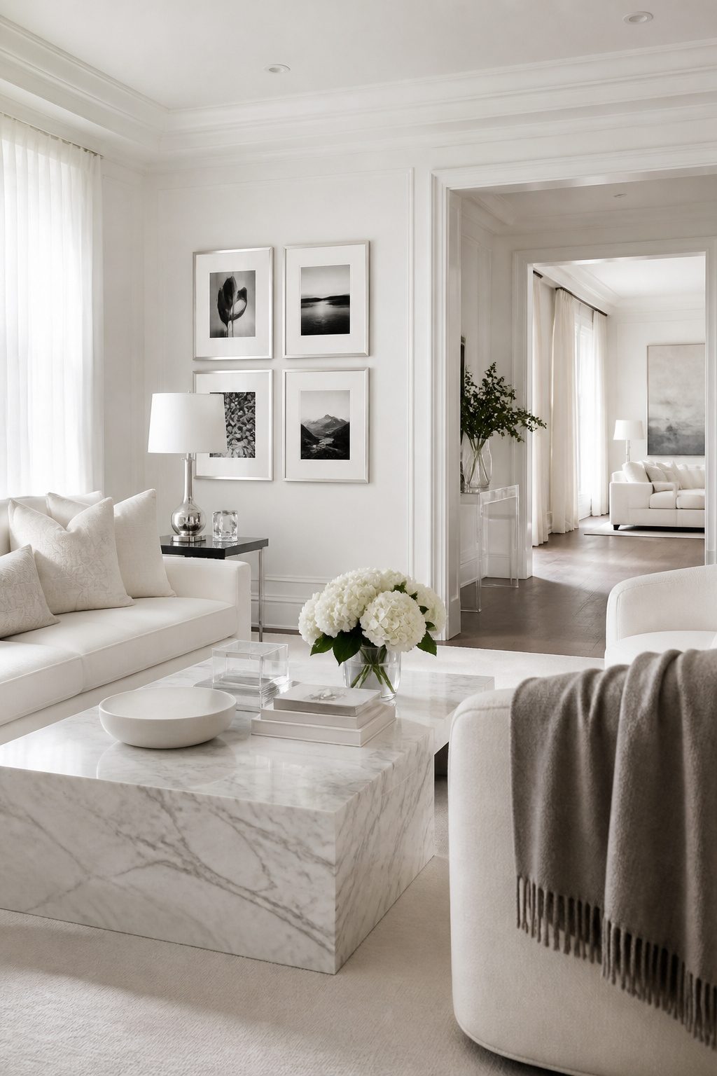 A luxury white living room with a marble coffee table and metal finishes.
