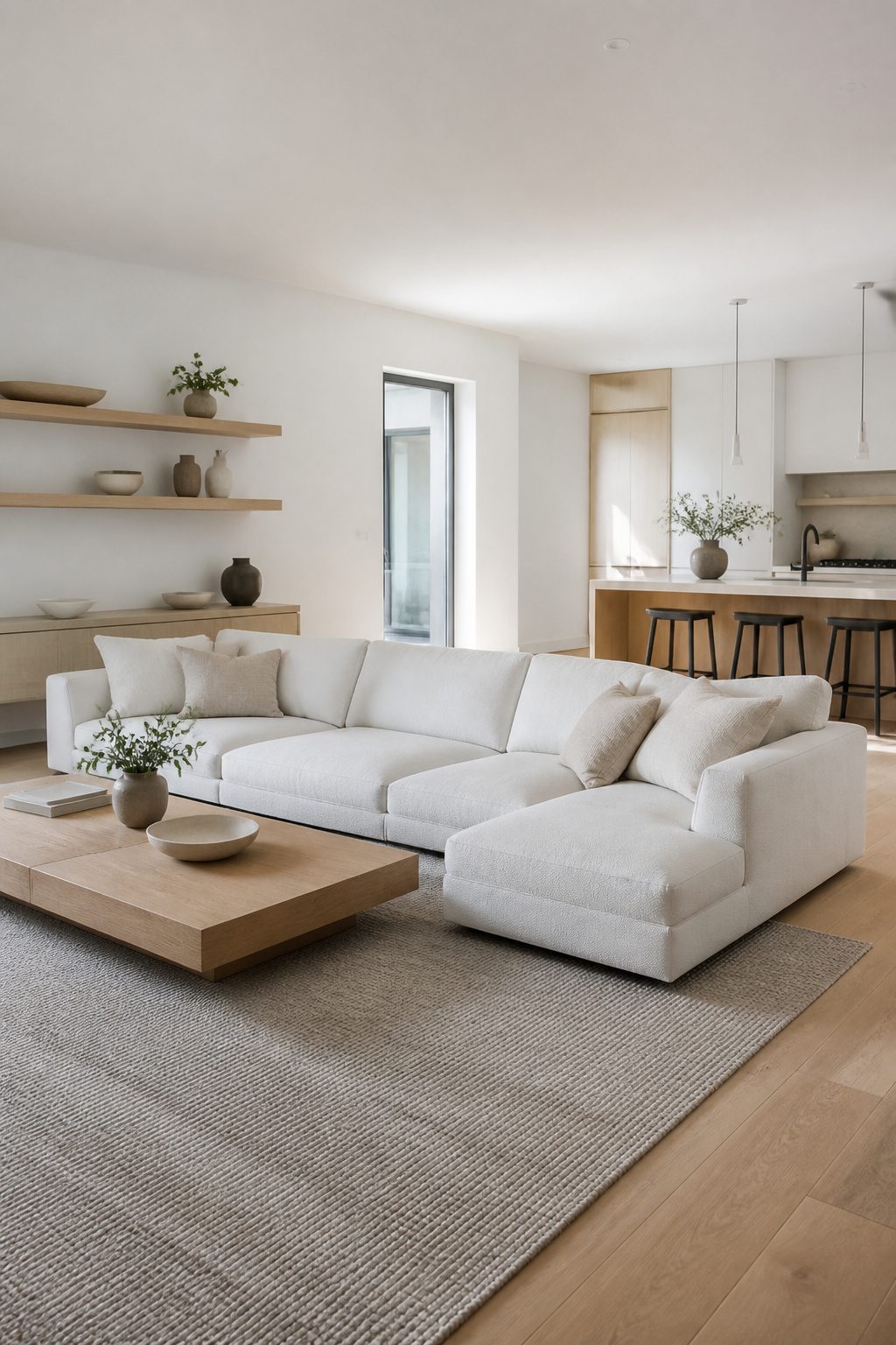 A minimalist living room with a white sectional and light oak coffee table.
