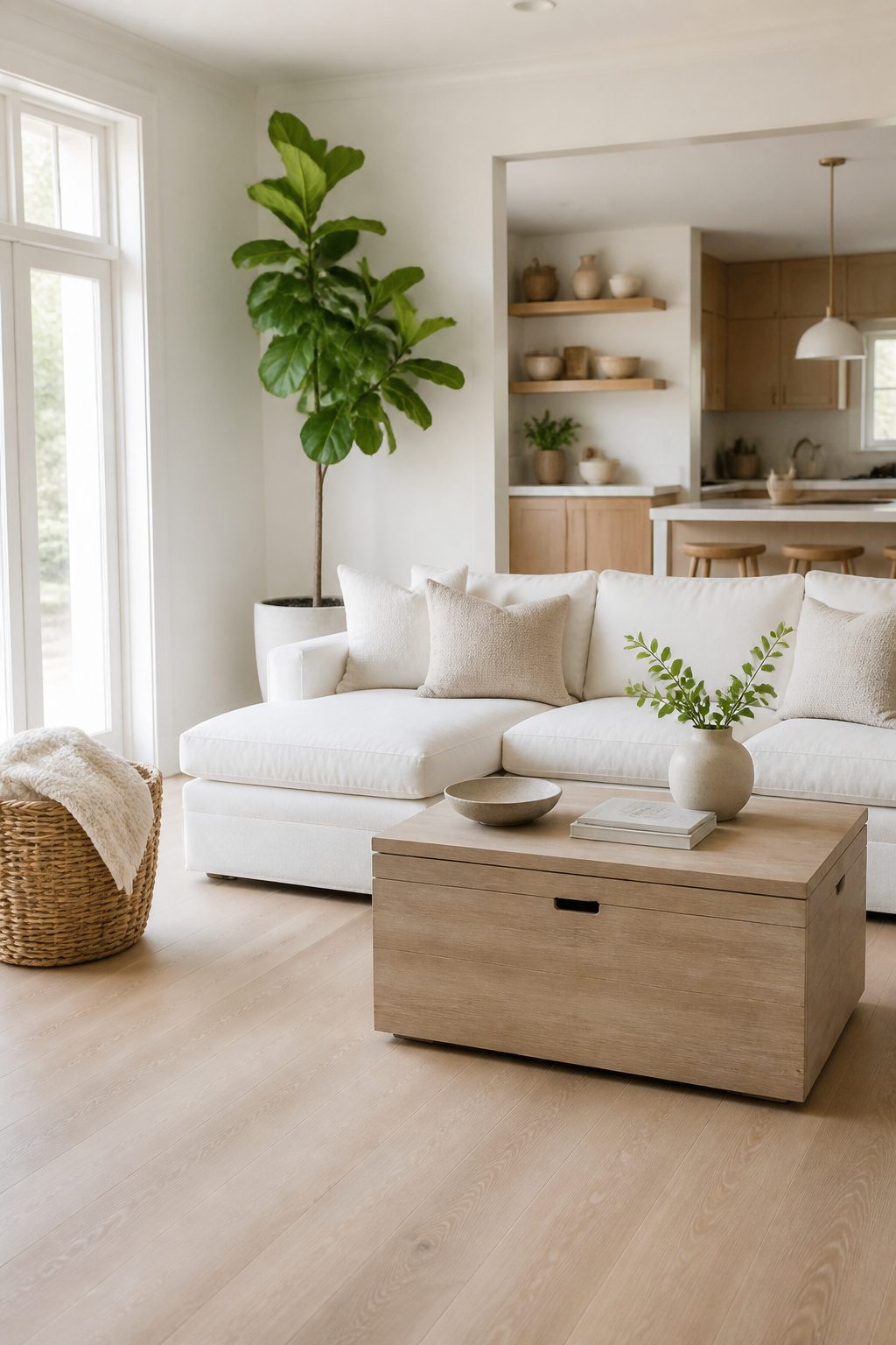 A Scandinavian-inspired living room with light wood floors and potted plants.
