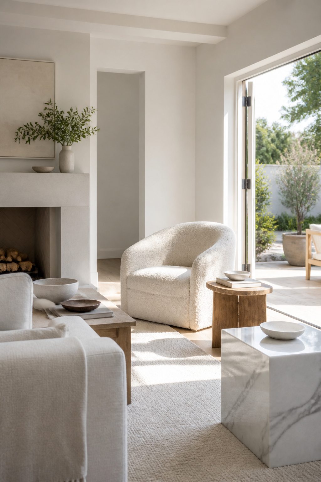 A white living room featuring a plush rug and boucle fabric chair.
