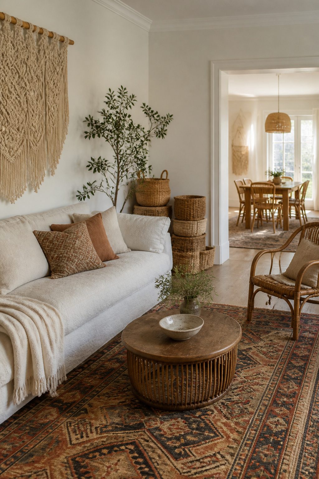 A boho living room featuring a macramé wall hanging and vintage kilim rug.