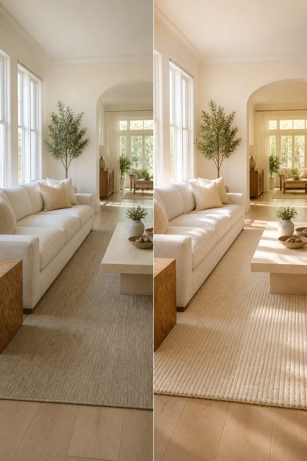 A white living room featuring cream accents and warm textiles.