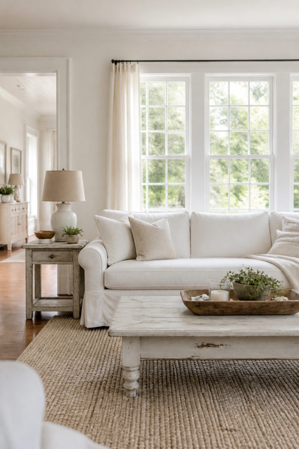 A living room with white furniture, including a linen sofa and side tables.