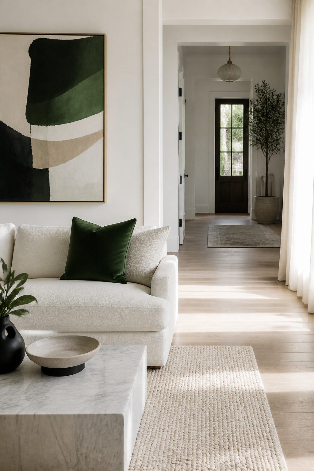 A white living room featuring colorful pillows and bold abstract artwork.