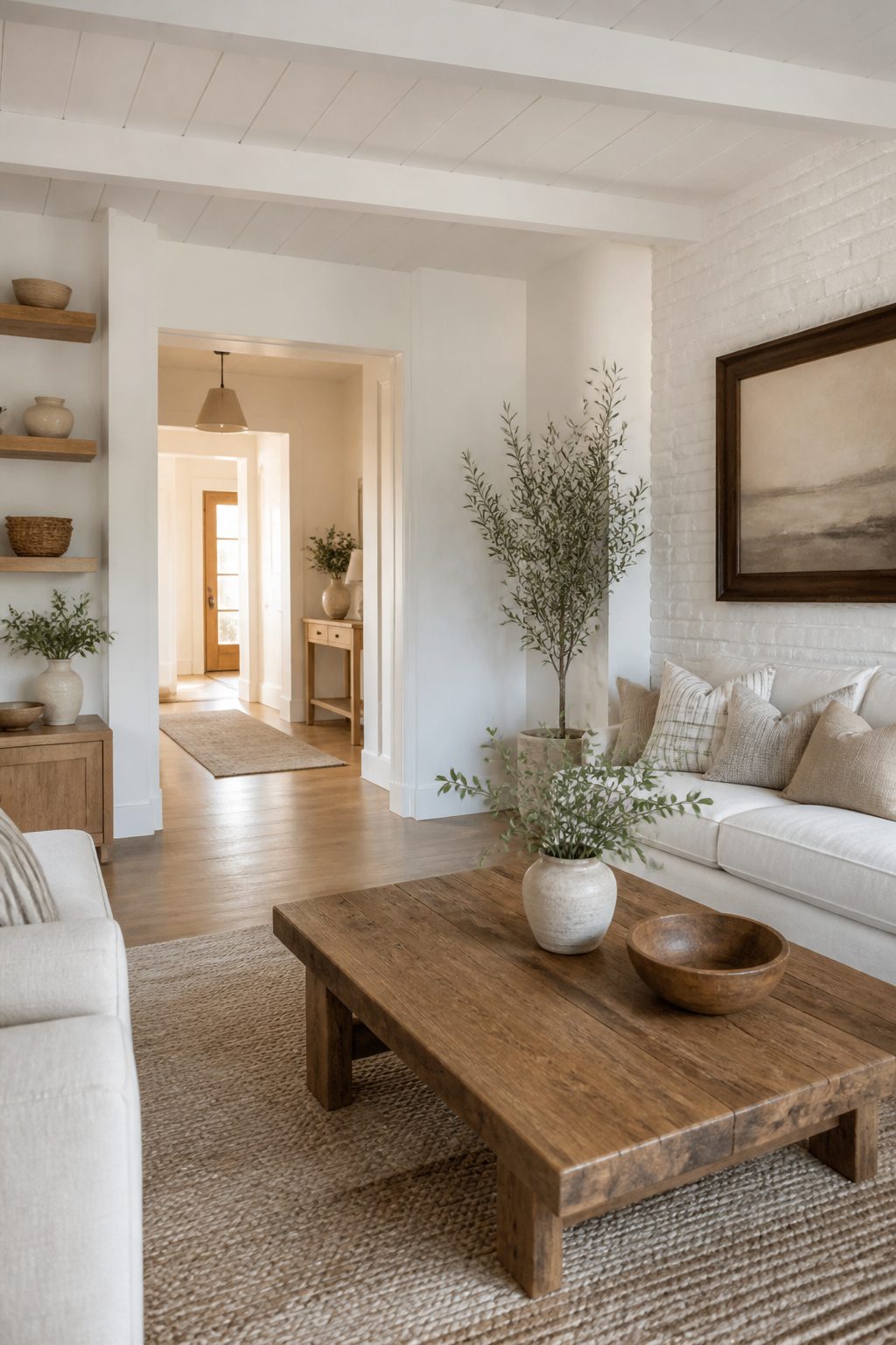 A white and wood living room with light oak shelves and rustic furniture.