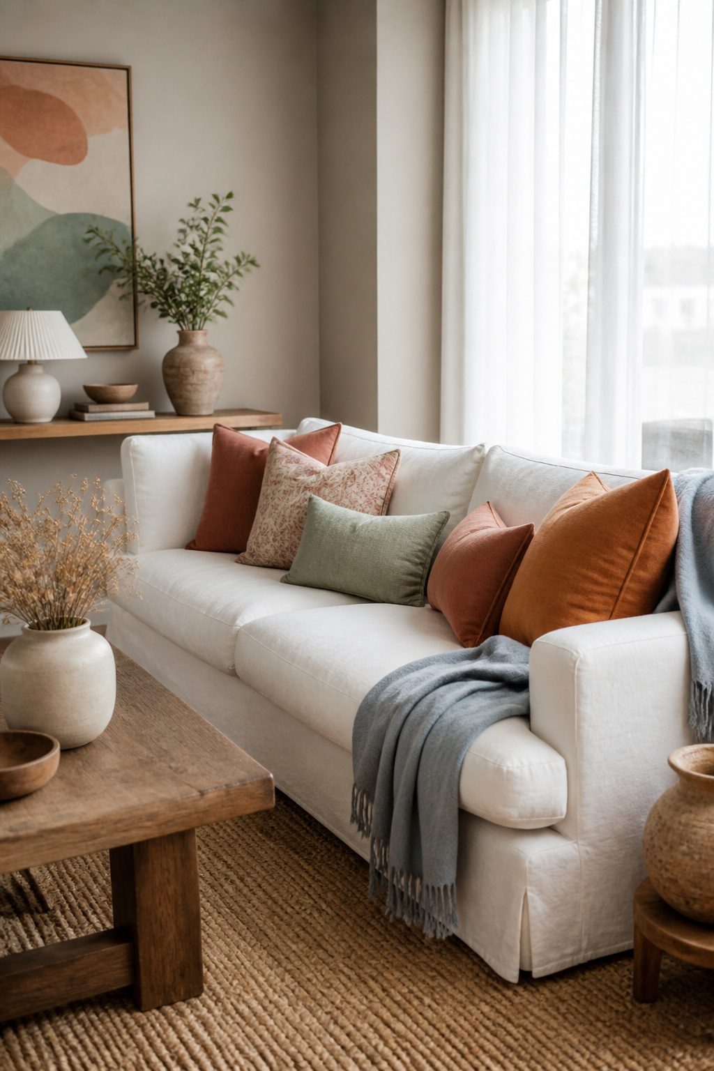 White sofa adorned with terracotta and sage green accent pillows.