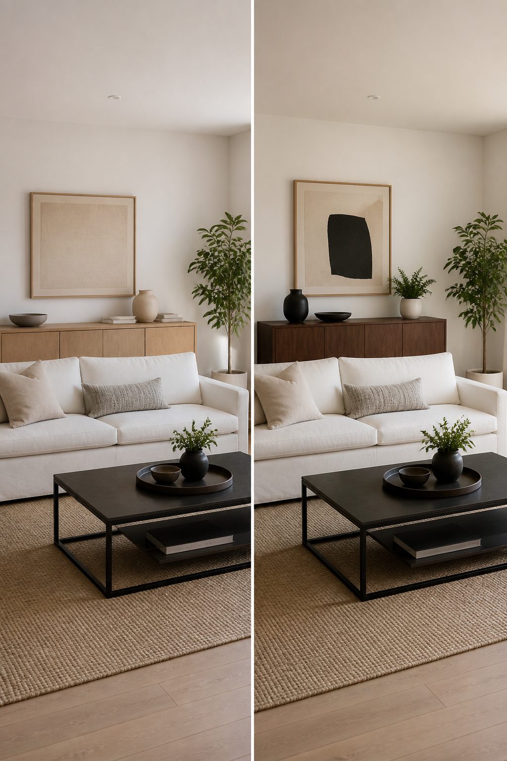 White sofa paired with a dark walnut credenza for contrast.