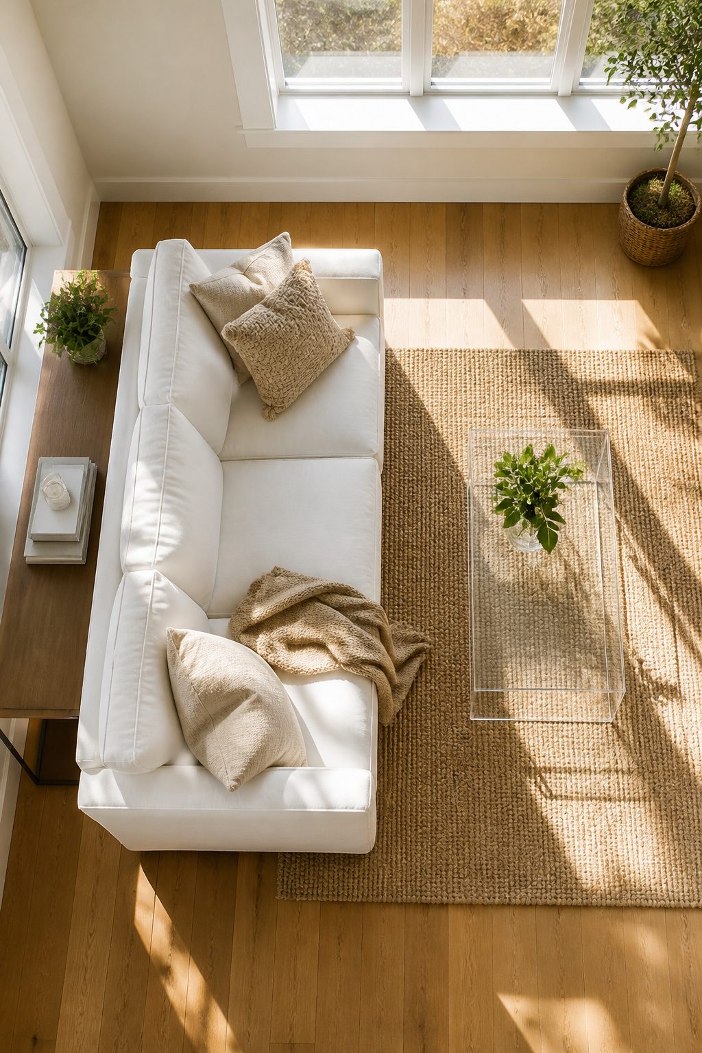 White sofa arranged thoughtfully in a small living space.