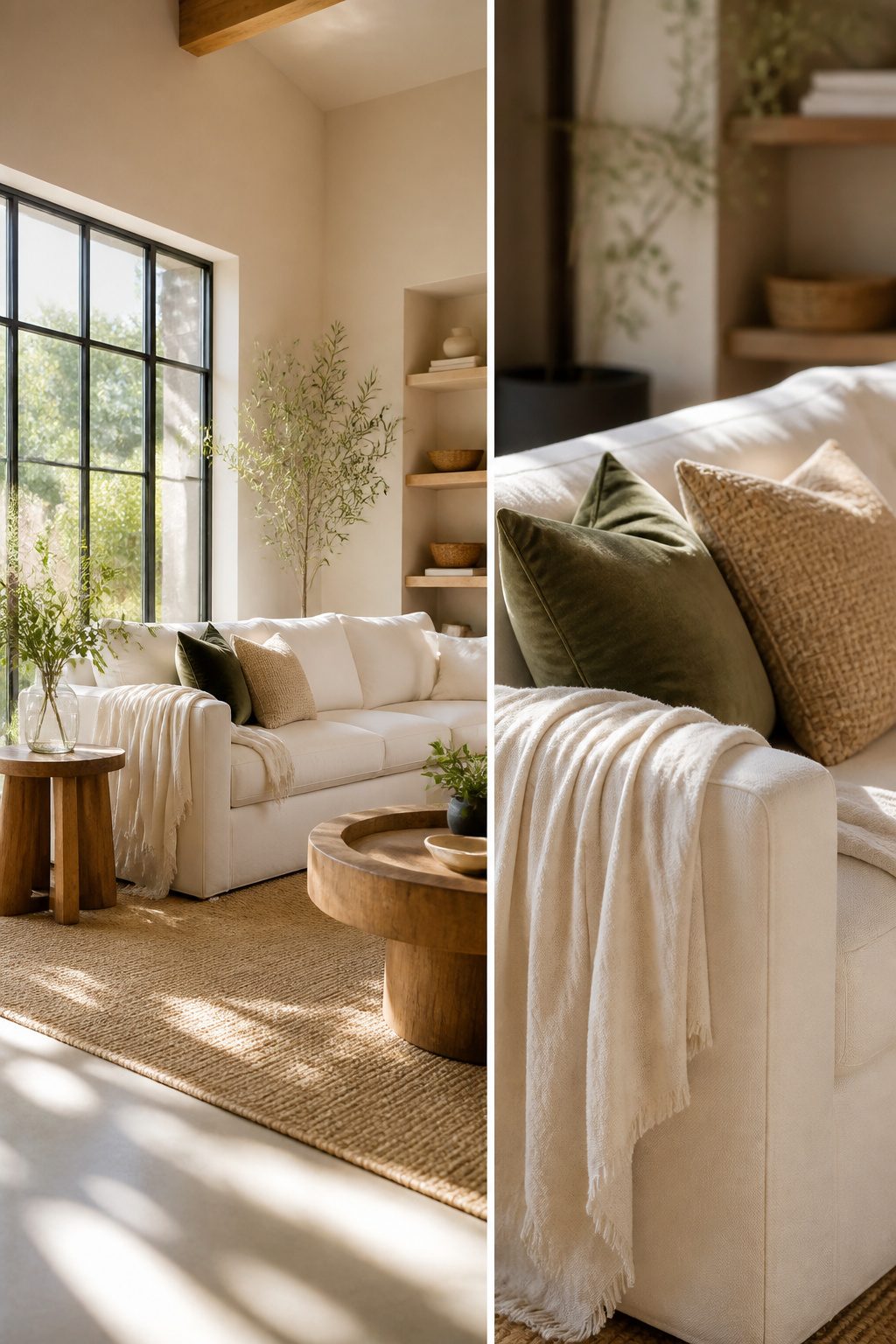 White sofa layered with various textures like throws and cushions.