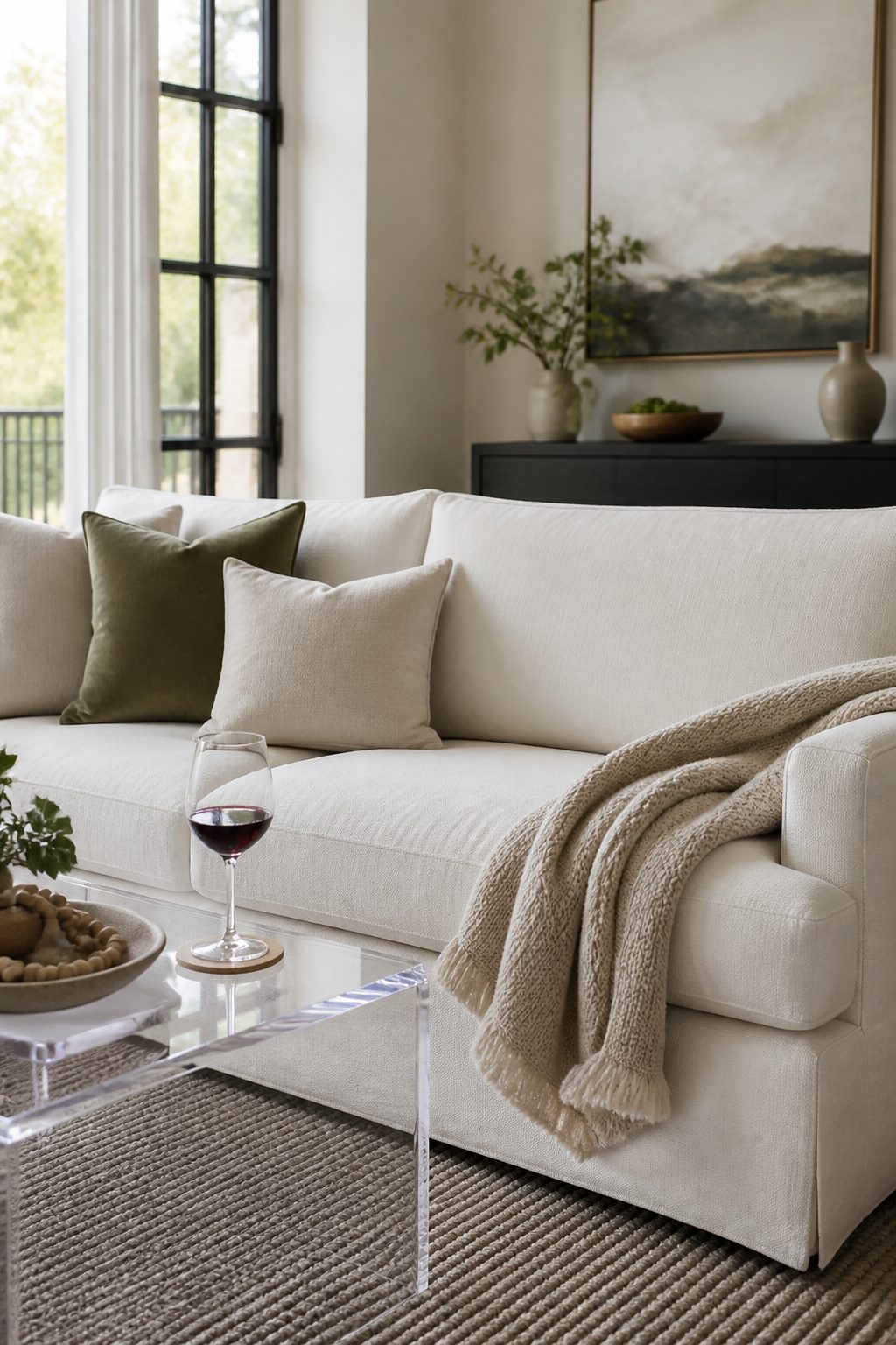 White sofa with performance fabric resistant to stains and spills.