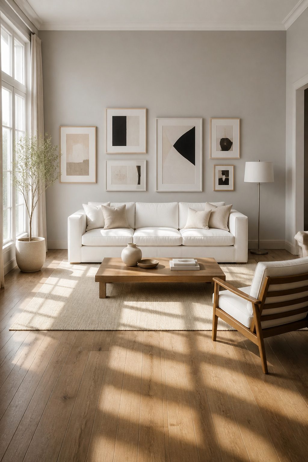 White sofa against soft grey walls in a light-filled room.