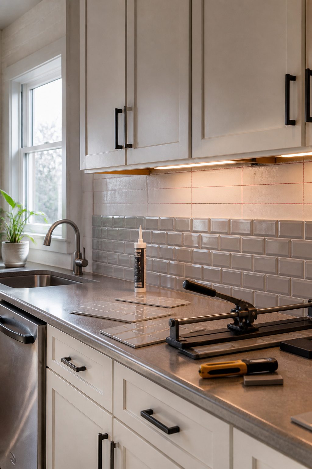 Peel-and-stick vinyl tiles in a kitchen for backsplash installation.