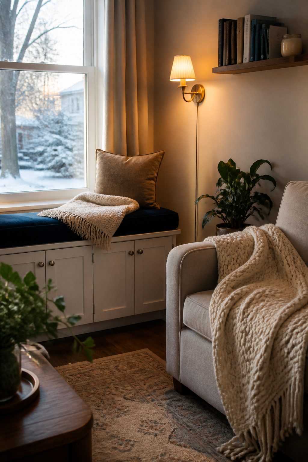 A reading nook with a cabinet seat and floating shelf for books.