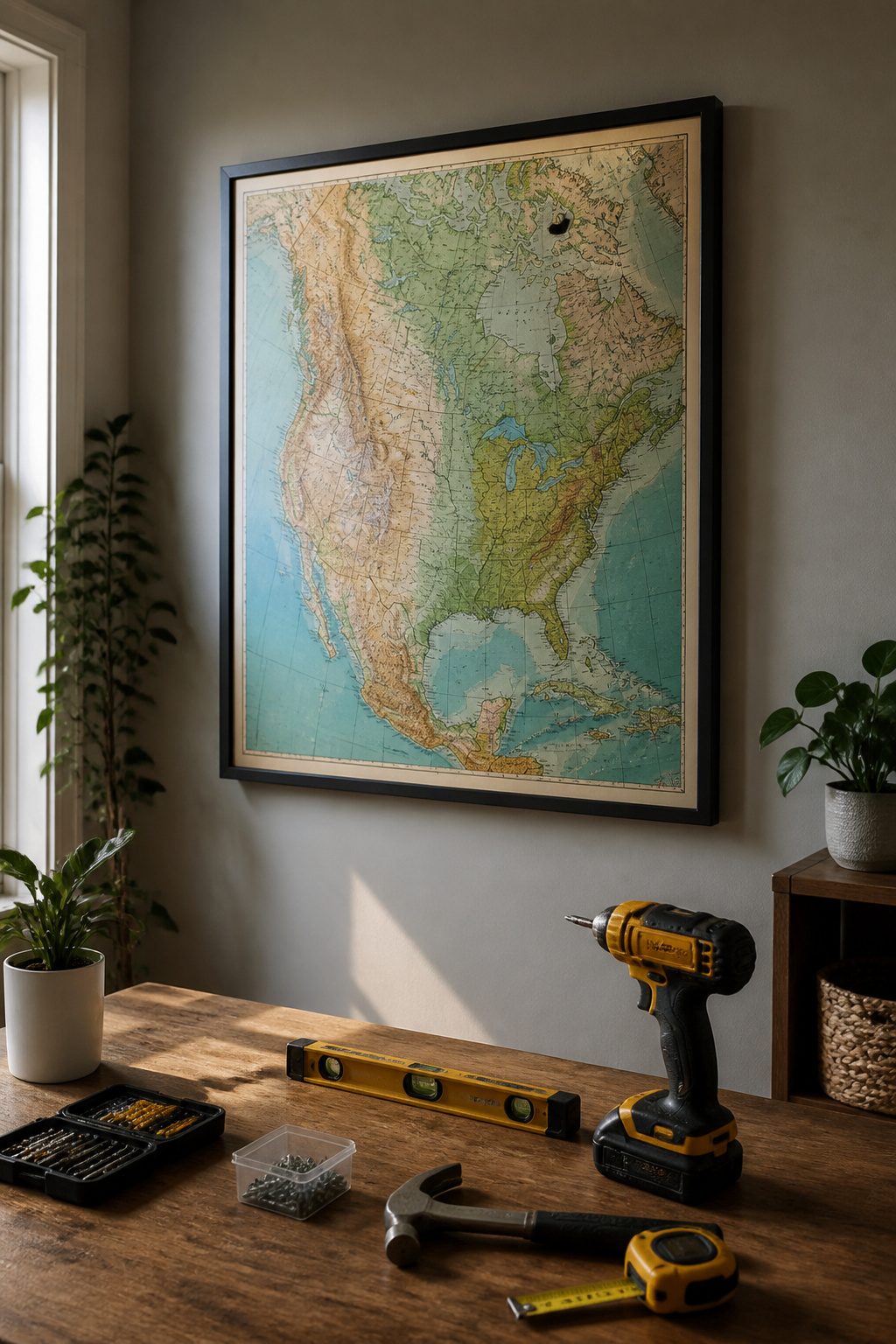 A framed map mounted on a wall with a French cleat.