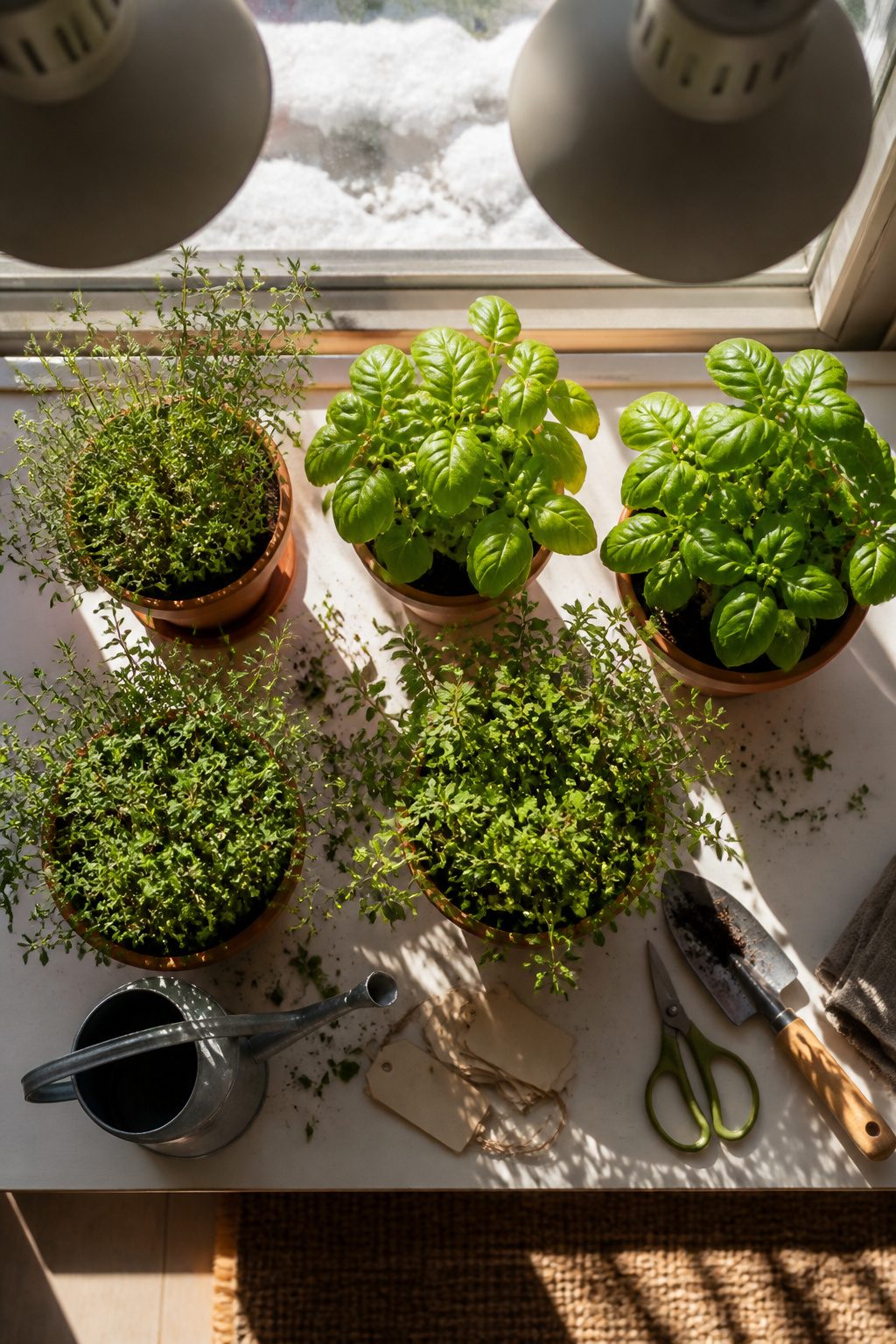 Herbs growing on a windowsill with a LED grow light.