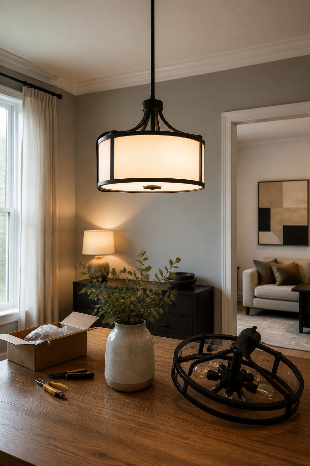 A person installing a new light fixture indoors.