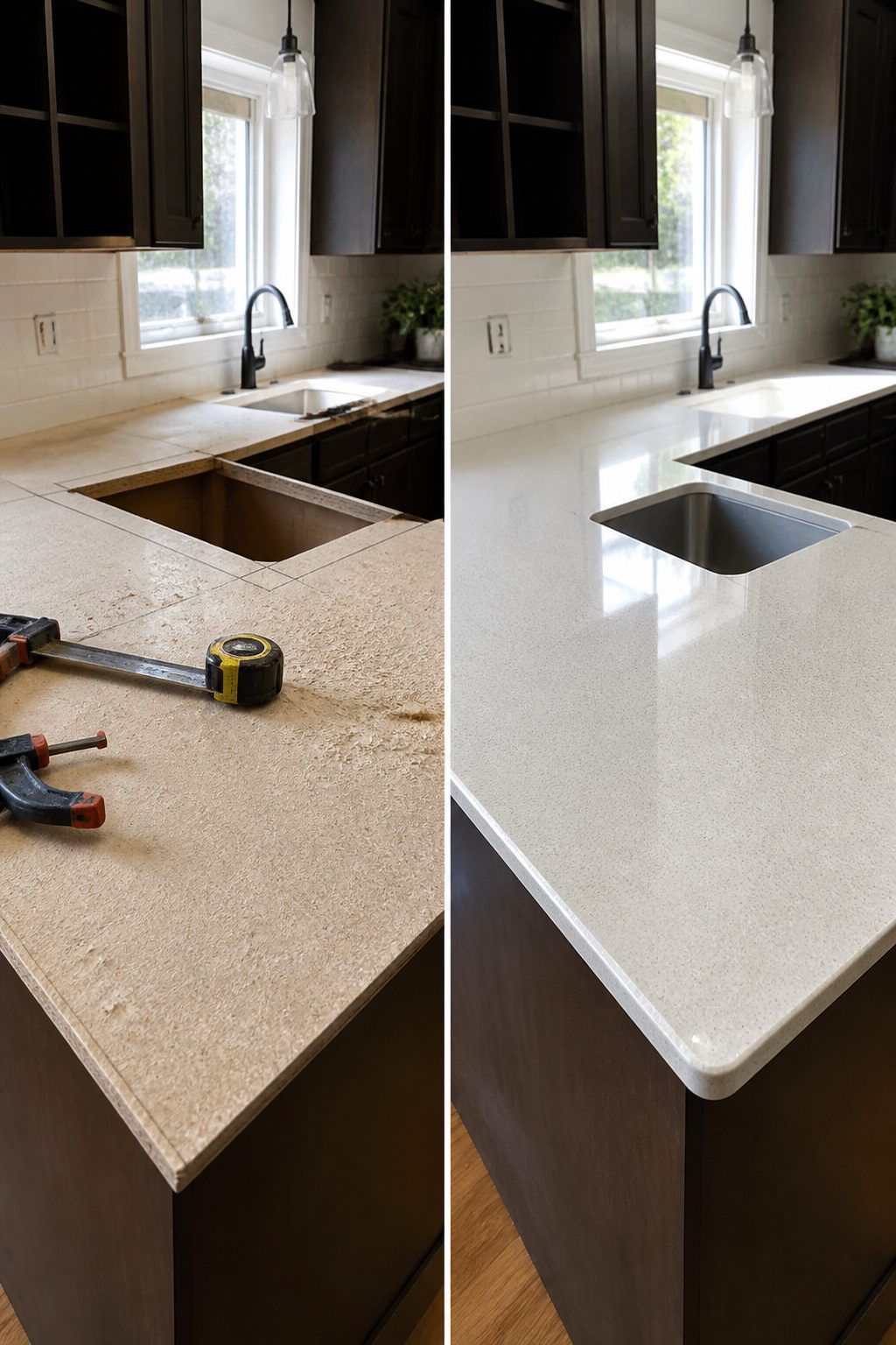 New kitchen countertops installed with a sink cutout.