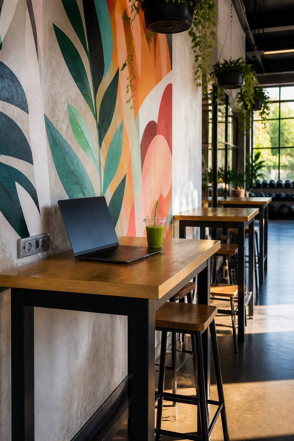 A gym cafe with high-top tables and a laptop beside a smoothie.