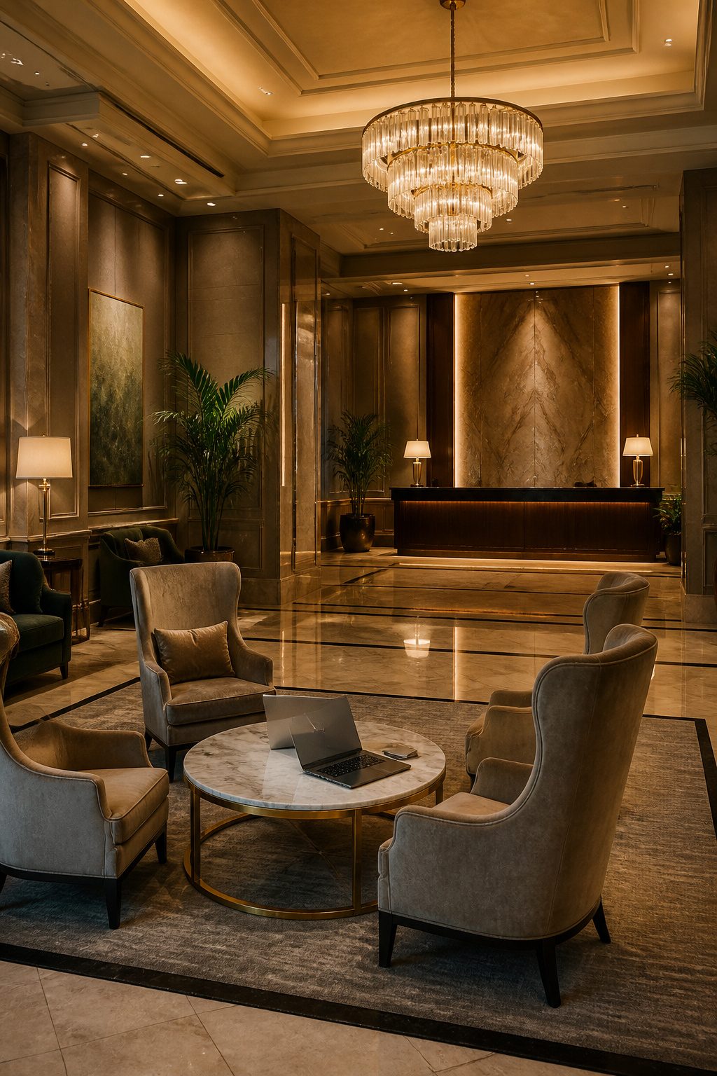 An empty hotel lobby with seating and a business center nearby.