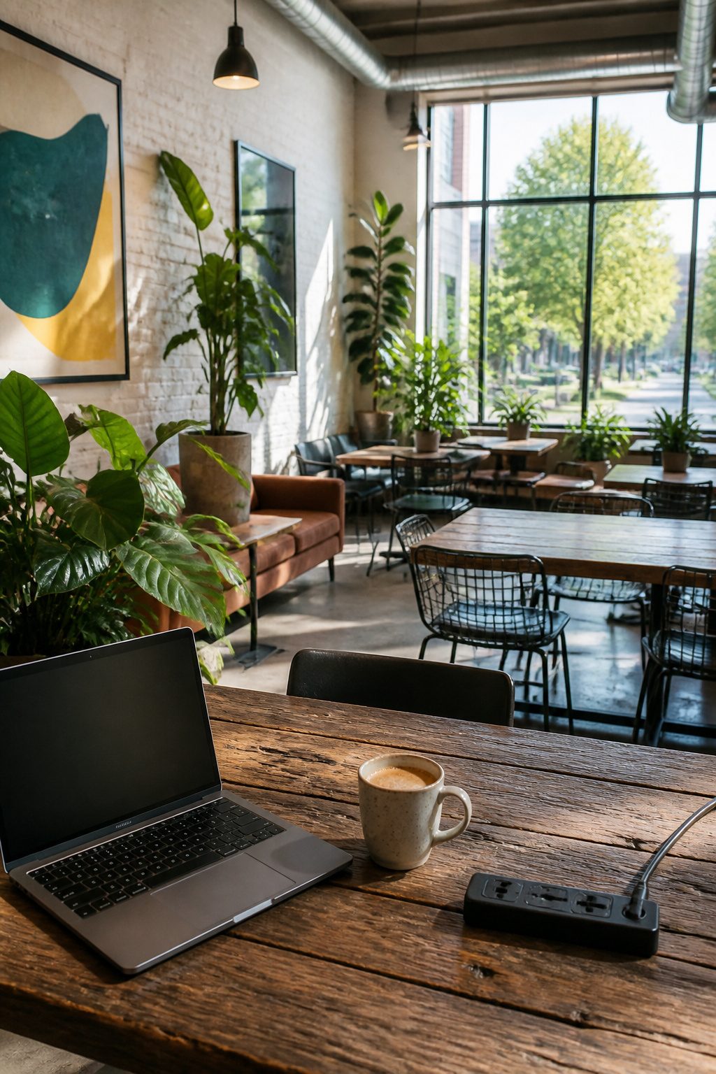 A student cafe with a laptop and coffee, fostering connections.
