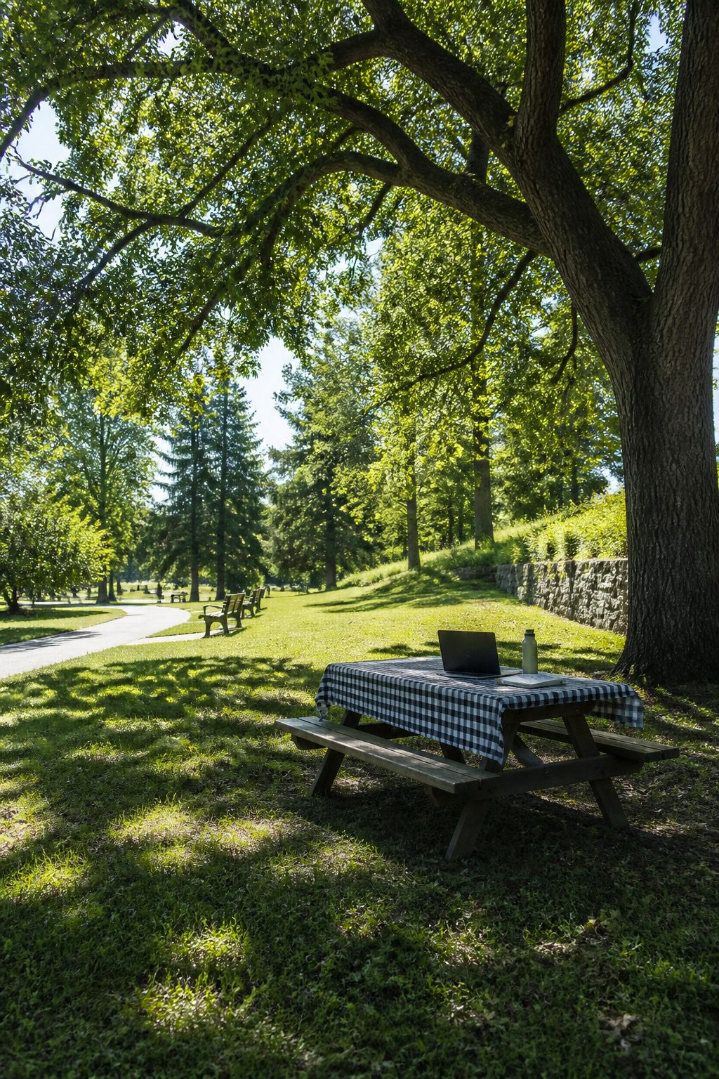 A park with trees and a laptop set up on a picnic table.