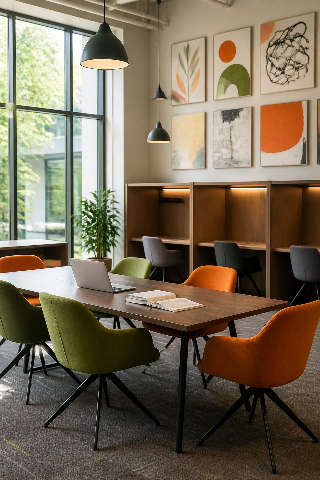 A college lounge with ergonomic seating and an open laptop.