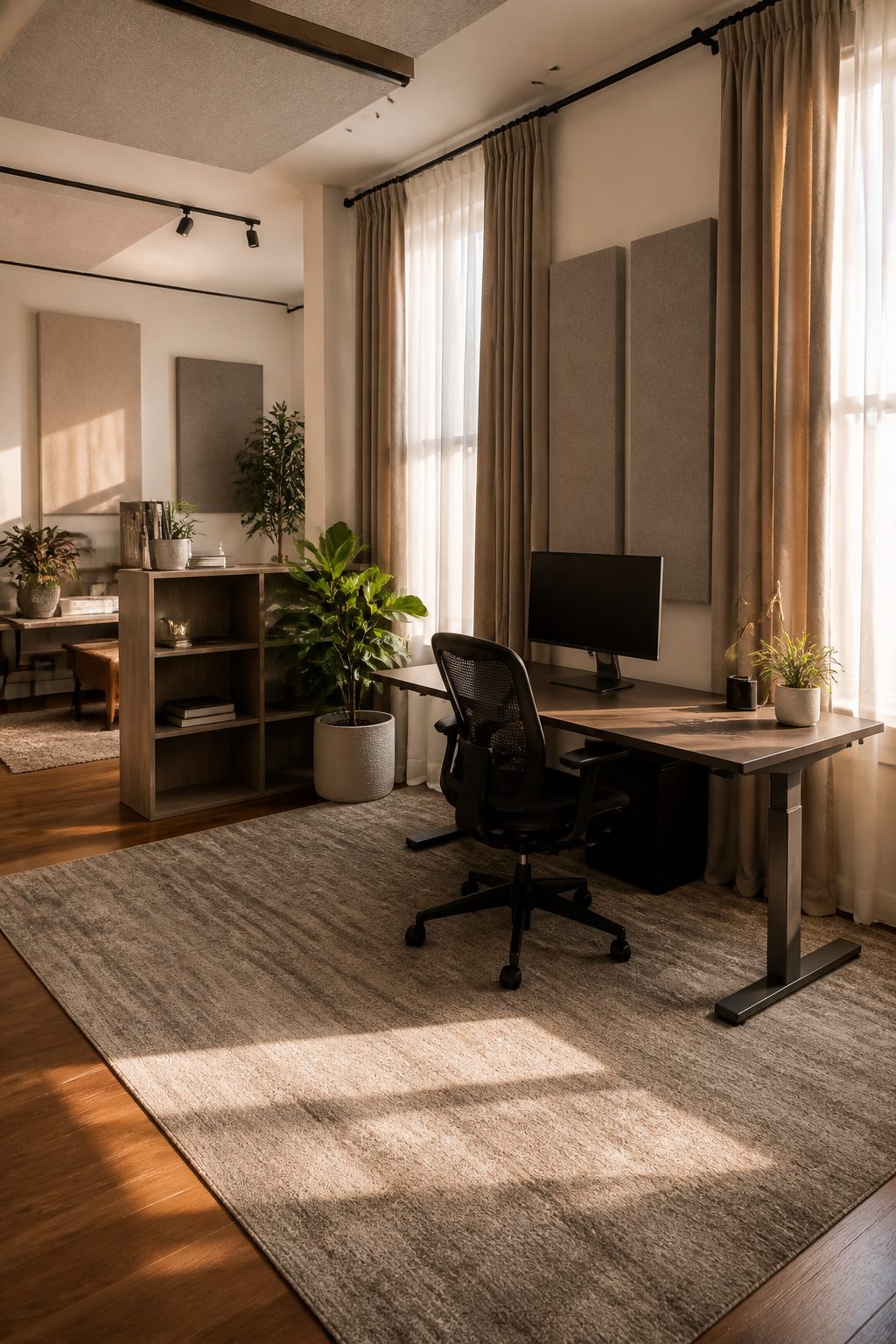 Workspace Designs: 8 Methods for Practical Office Planning in 2026 5 An office featuring acoustic panels, rugs, and a low bookcase.